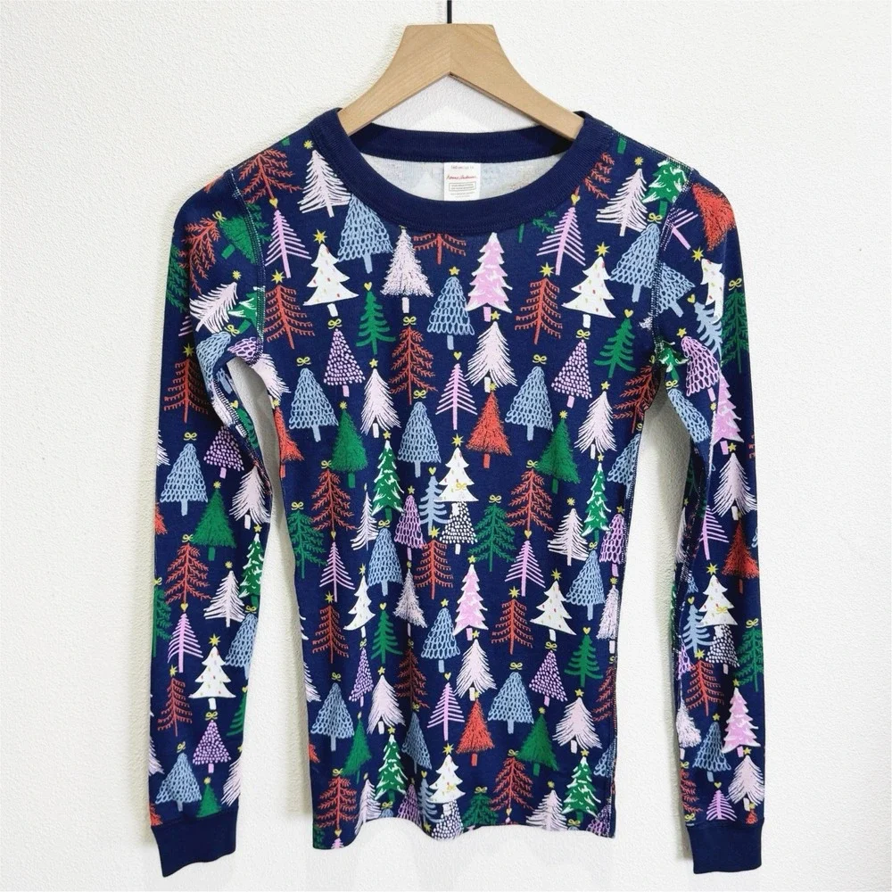 Hanna Andersson Pajama Top Unisex Youth 14/‎ 160CM Blue Holiday Christmas Cotton